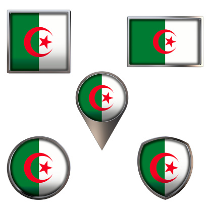 Various flags of the People's Democratic Republic of Algeria. Realistic national flag in point circle square rectangle and shield metallic icon set. Patriotic 3d rendering symbols isolated on white background.