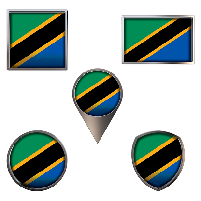 Various flags of the Republic of Tanzania. Realistic national flag in point circle square rectangle and shield metallic icon set. Patriotic 3d rendering symbols isolated on white background.