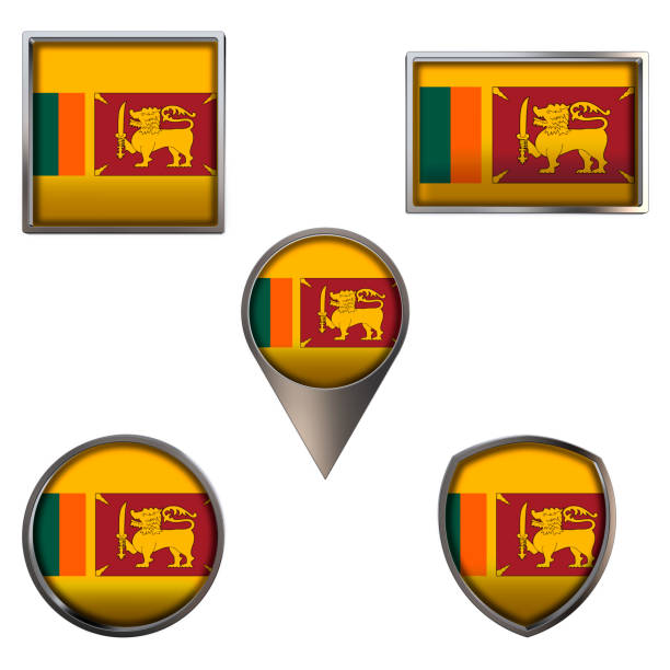 Various flags of the Democratic Socialist Republic of Sri Lanka. Realistic national flag in point circle square rectangle and shield metallic icon set. Patriotic 3d rendering symbols isolated on white background.
