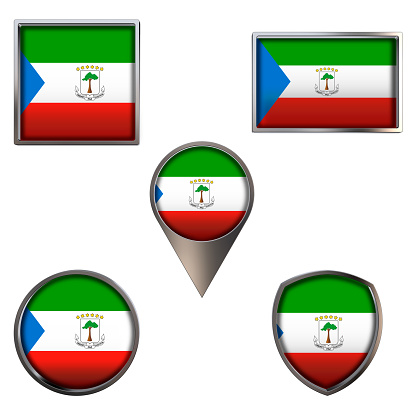 Various flags of the Republic of Equatorial Guinea. Realistic national flag in point circle square rectangle and shield metallic icon set. Patriotic 3d rendering symbols isolated on white background.