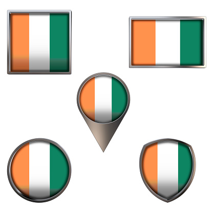 Various flags of the Republic of Côte d'Ivoire. Realistic national flag in point circle square rectangle and shield metallic icon set. Patriotic 3d rendering symbols isolated on white background.