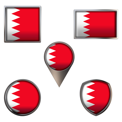 Various flags of the Kingdom of Bahrain. Realistic national flag in point circle square rectangle and shield metallic icon set. Patriotic 3d rendering symbols isolated on white background.