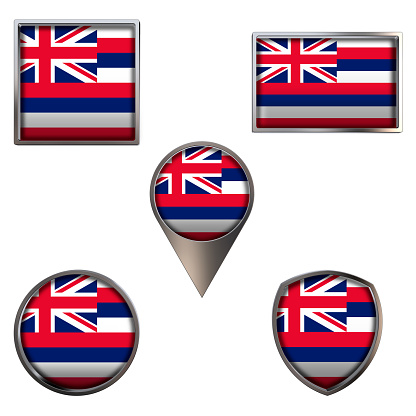 Various flags of the Hawaii. Realistic national flag in point circle square rectangle and shield metallic icon set. Patriotic 3d rendering symbols isolated on white background.