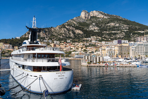 Monaco, Monaco - 17 March, 2021: the White Rose of Drachs luxury yacht in the harbor in Monaco