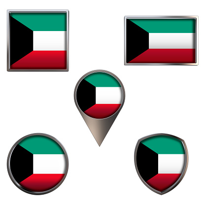 Various flags of the State of Kuwait. Realistic national flag in point circle square rectangle and shield metallic icon set. Patriotic 3d rendering symbols isolated on white background.