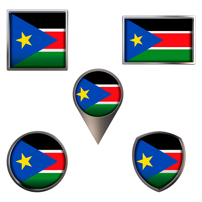 Various flags of the Republic of South Sudan. Realistic national flag in point circle square rectangle and shield metallic icon set. Patriotic 3d rendering symbols isolated on white background.