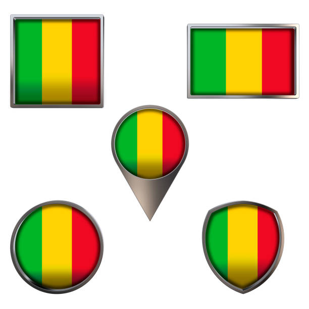 Various flags of the Republic of Mali. Realistic national flag in point circle square rectangle and shield metallic icon set. Patriotic 3d rendering symbols isolated on white background.