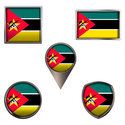 Various flags of the Republic of Mozambique. Realistic national flag in point circle square rectangle and shield metallic icon set. Patriotic 3d rendering symbols isolated on white background.