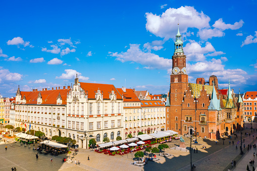 Aerial view of Wroclaw with market square in Poland
