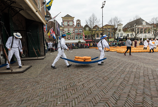 Alkmaar, Netherlands - April 21, 2017: Carriers walking with many cheeses in the famous Dutch cheese market in Alkmaar, The Netherlands. The event happens in the Waagplein square.