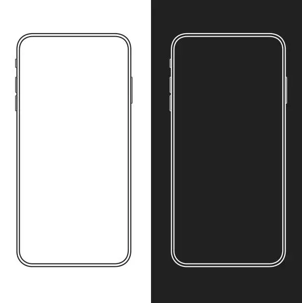 Vector illustration of New version of slim smartphone similar to iphone with blank white and black background. Outline vector mockup