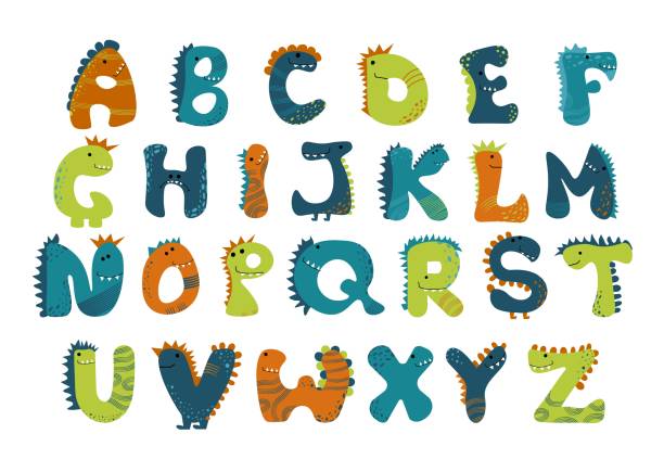 dino alphabet vektor lustige comic-buchstaben im cartoon-stil. - magnetbuchstabe stock-grafiken, -clipart, -cartoons und -symbole