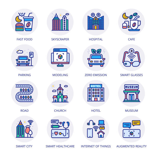 ilustrações de stock, clip art, desenhos animados e ícones de smart city filled circle icons - a caminho do carro no estacionamento do hospital