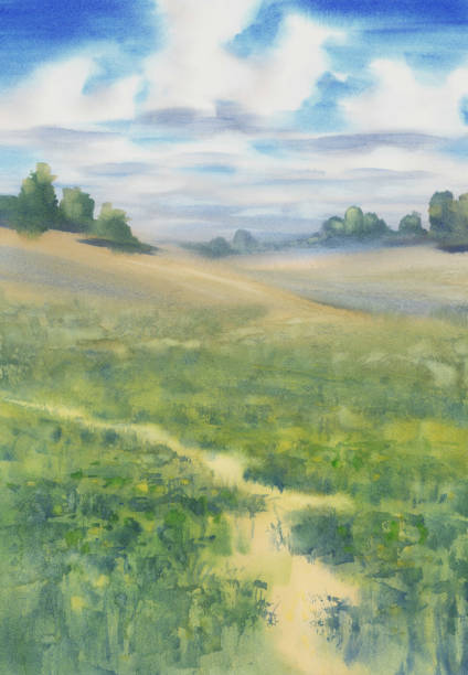 istock Summer landscape with a meadow and clouds watercolor background 1309427379