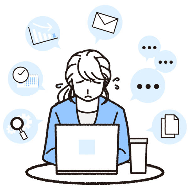 This is an illustration of a woman working on a computer that is full of tasks and in need of help. This is an illustration of a woman working on a computer that is full of tasks and in need of help. going round in circles stock illustrations