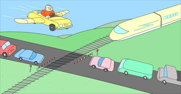 istock Person in his imagination overcomes a large traffic jam at rail crossing 1309433715