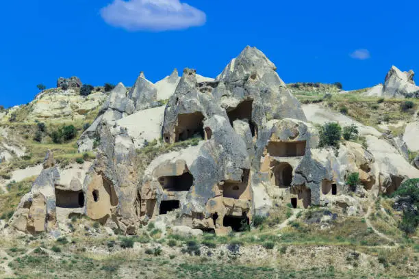 Photo of Fantastic View to the Göreme with rock houses in front of the spectacularly coloured valleys nearby, Cappadocia, Turkey