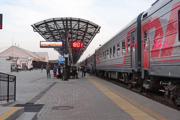 Tambov, Russia. September 5, 2020 Train standing at the railway station awaiting departure