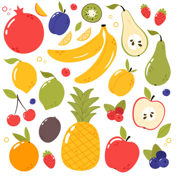 illustrazioni stock, clip art, cartoni animati e icone di tendenza di set di frutta fresco e gustoso. illustrazione vettoriale disegnata a mano in stile cartone animato. - cranberry juice