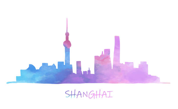 kuvapankkikuvitukset aiheesta shanghain kaupunkikuva taivaanranta värikäs vesiväri tyyli kuva. - shanghai