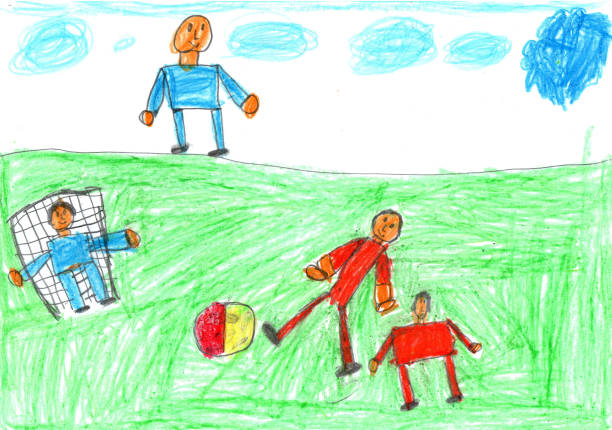 Child drawing of a happy Sports Family Playing Soccer.Active healthy lifestyle.Pencil art in childish style. Child drawing of a happy Sports Family Playing Soccer with kids.Active healthy lifestyle concept.Pencil art in childish style. childs drawing stock illustrations