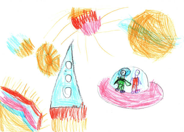 ilustrações, clipart, desenhos animados e ícones de crianças de aquarela desenhando foguete planeta espacial - childs drawing