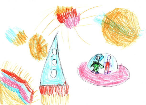 акварель детей рисунок космической планеты ракеты - childs drawing stock illustrations
