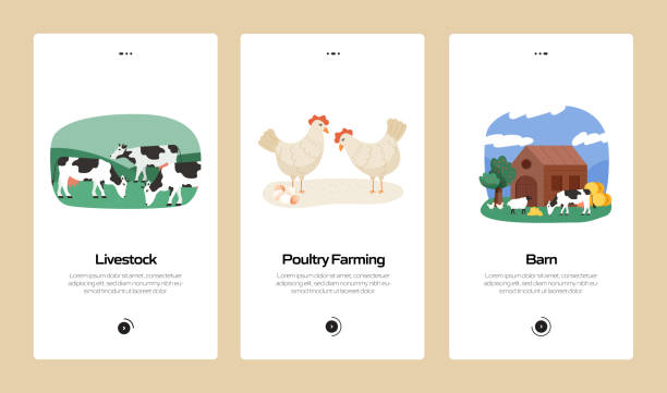 ilustrações de stock, clip art, desenhos animados e ícones de farming and agriculture concept onboarding mobile app page screen with flat icons. ux, ui design template vector illustration - livestock market