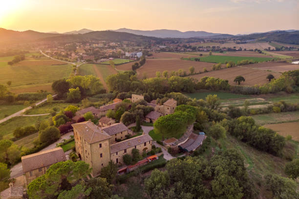 istock Tuscan village countryside from drone at sunset 1309439449