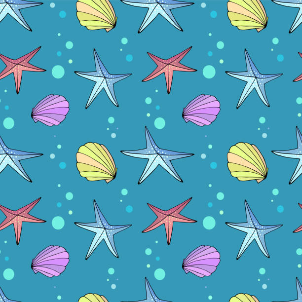 istock Sea shells and starfish on blue. Seamless pattern in cartoon style texture for textile, paper. 1309442865