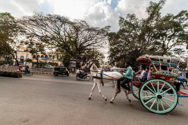 Mysuru, Karnataka, India - January 2019: A horse cart with passengers riding through the streets in the city of Mysore.