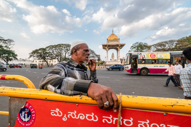 un homme indien restant à côté d’une barrière de bord de route - wodeyar photos et images de collection