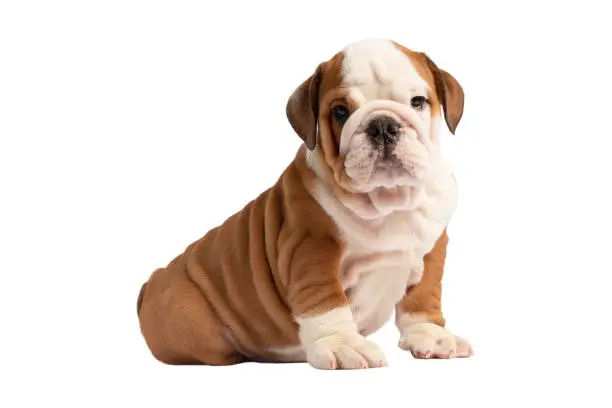 Cute puppy of English Bulldog isolated on white background.