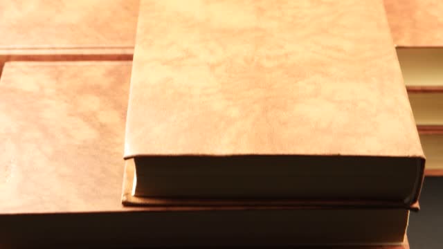 Books in a pale brown bindings on dark table