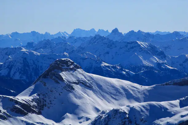 Mountain Ranges of the Swiss and Austrian Alps seen from Chaserrugg, Switzerland.