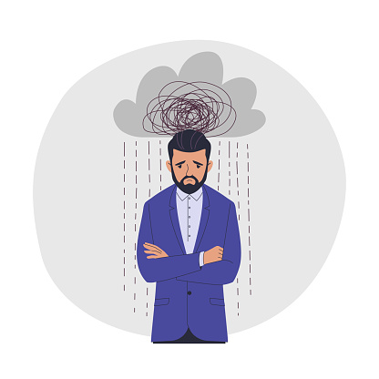 Vector illustration of cartoon young adult sad man in a blue suit with doodle raining cloud over his head