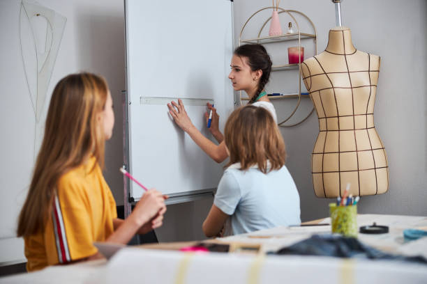 istock Cute girls discussing dressmaking process in sewing workshop 1309458138