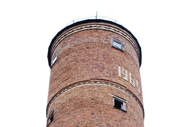 Vintage red brick water tower built in 1965 top section view