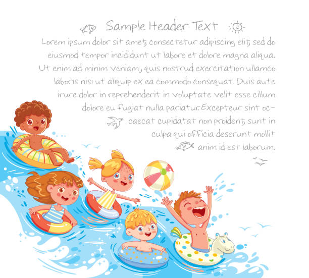 Kids having fun on water slides tubes at aquapark Children swimming and jumping on the waves. Kids having fun on water slides tubes at aquapark. Summer time. Page layout template for your design. Advertising brochure. Ready for your message extreem weer stock illustrations