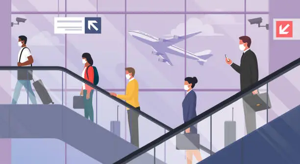 Vector illustration of Travelers with face masks at the airport
