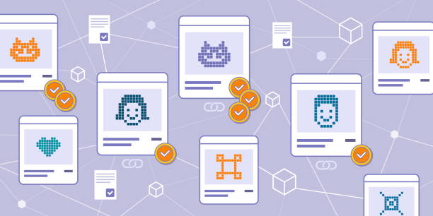NFT marketplace with items on sale NFT marketplace with cryptoart items on sale and blockchain in the background non fungible token stock illustrations