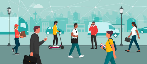 ilustraciones, imágenes clip art, dibujos animados e iconos de stock de personas que se conectan en la ciudad inteligente - vehículo de transporte de gente