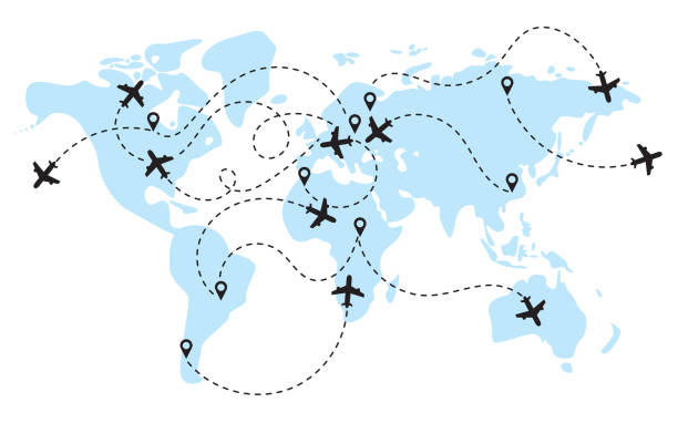 ilustraciones, imágenes clip art, dibujos animados e iconos de stock de mapa del mundo con aviones de rutas de vuelo. infografía - celebración de despedida