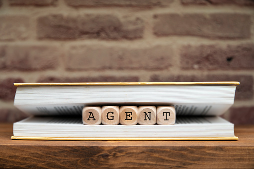 Agent word written on wooden blocks between book pages on a shelf.