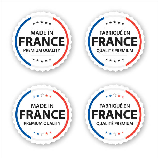 illustrations, cliparts, dessins animés et icônes de ensemble de quatre français étiquettes. made in france en français fabriqué en france. autocollants et symboles de qualité supérieure avec étoiles. illustration simple de vecteur d’isolement sur le fond blanc - fabriqué en france
