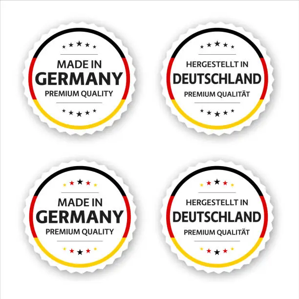 Vector illustration of Set of four German labels. Made in Germany In German Hergestellt in Deutschland. Premium quality stickers and symbols with stars. Simple vector illustration isolated on white background