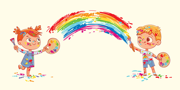 Boy and girl draw a rainbow together. Funny kids were messing with paint while drawing. Panorama. Cartoon character. Vector illustration. Isolated background