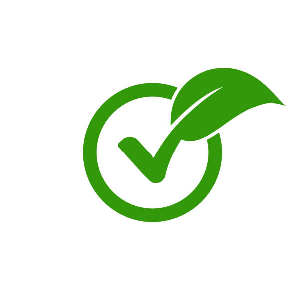 ilustraciones, imágenes clip art, dibujos animados e iconos de stock de compruebe el logotipo de la hoja vegetariana ecología vegana verde eco elemento orgánico símbolo orgánico - comida vegetariana