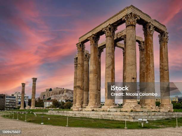 Zeus God Temple In Athens Stock Photo - Download Image Now - Athens - Greece, Zeus, Sunset