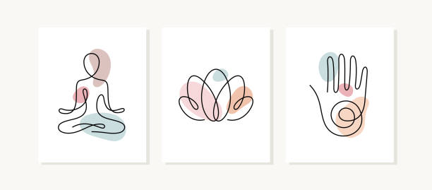 One line art yoga posters Yoga posters. One line vector illustration. Lotus position, lotus flower and hand, spiritual sign. yoga stock illustrations